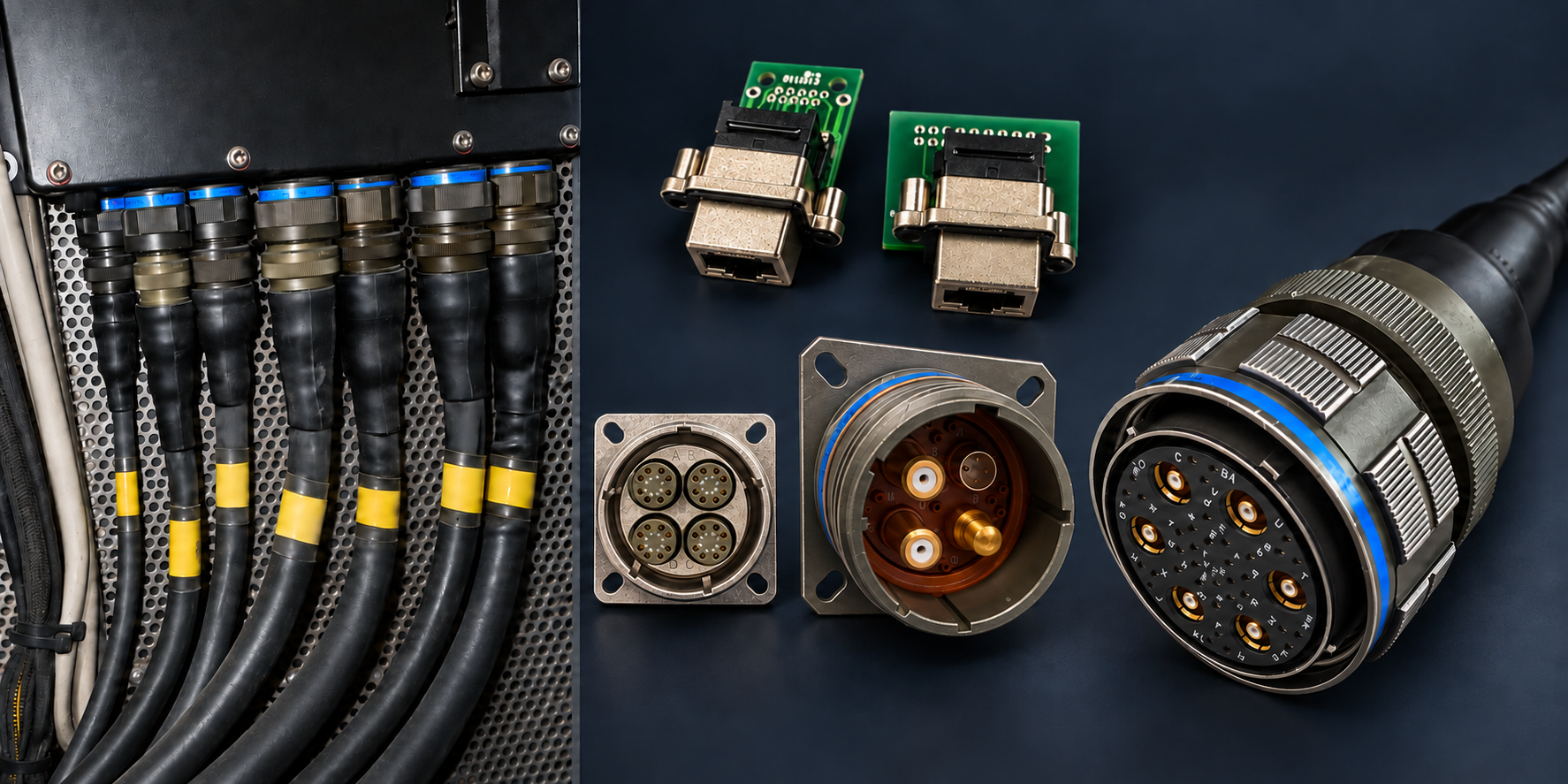 Enhanced photo montage of installed cable harnesses, PCB adapters, and circular electrical connectors